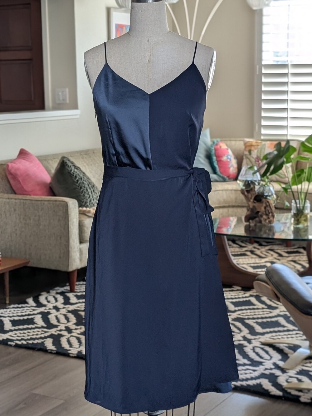 AMII Mixed Panel Satin Navy Midi Slip Dress with Side Tie Size Large